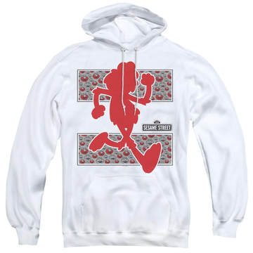 White pullover hoodie with Sesame Street Elmo Runs graphic