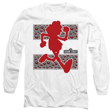 White men's long sleeve t-shirt with Sesame Street Elmo Runs graphic