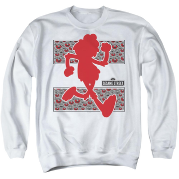 White men's crewneck sweatshirt with Sesame Street Elmo Runs graphic