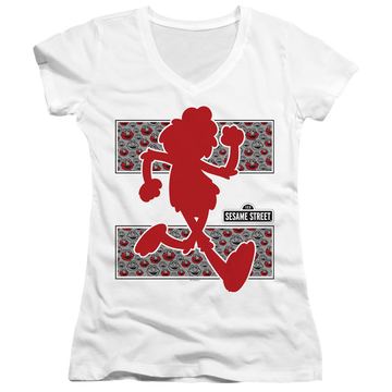 White juniors v-neck t-shirt with Sesame Street Elmo Runs graphic