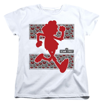 White women's t-shirt with Sesame Street Elmo Runs graphic