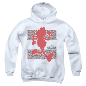 White youth hoodie for ages 8 to 12 with Sesame Street Elmo Runs graphic