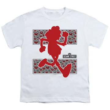 White youth t-shirt for ages 8 to 12 with Sesame Street Elmo Runs graphic