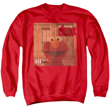 Red men's crewneck sweatshirt with Sesame Street Ellmatic graphic