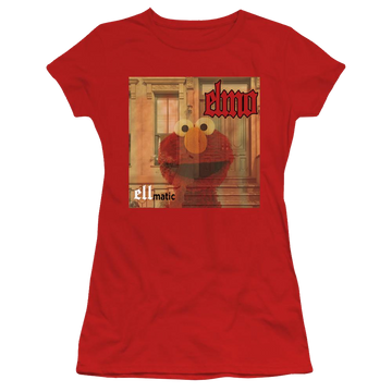 Red juniors t-shirt with Sesame Street Ellmatic graphic