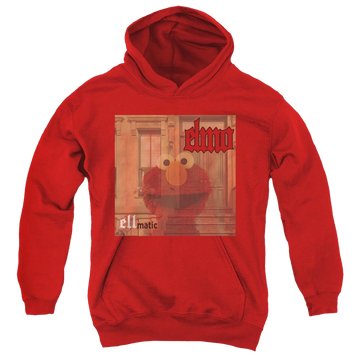 Red youth hoodie for ages 8 to 12 with Sesame Street Ellmatic graphic