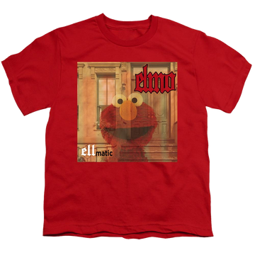 Red youth t-shirt for ages 8 to 12 with Sesame Street Ellmatic graphic