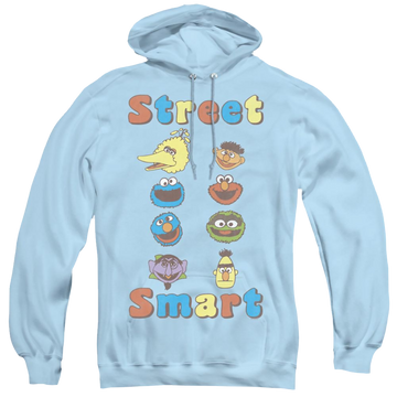 Light blue pullover hoodie with Sesame Street Street Smart graphic