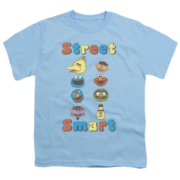 Light blue youth t-shirt for ages 8 to 12 with Sesame Street Street Smart graphic