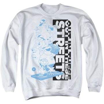 White men's crewneck sweatshirt with Sesame Street Out In These Streets graphic