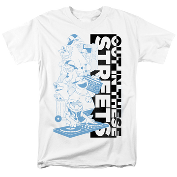 White men's regular fit t-shirt with Sesame Street Out In These Streets graphic