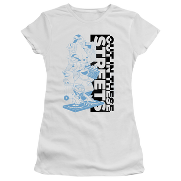 White juniors t-shirt with Sesame Street Out In These Streets graphic