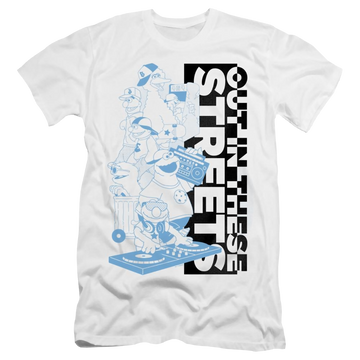 White men's premium slim fit t-shirt with Sesame Street Out In These Streets graphic