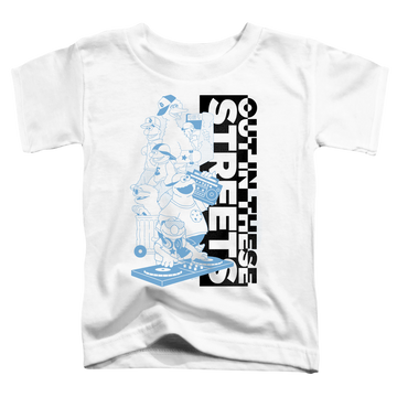 White toddler t-shirt with Sesame Street Out In These Streets graphic
