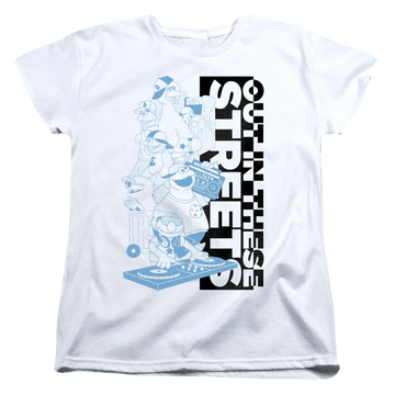 White women's t-shirt with Sesame Street Out In These Streets graphic