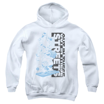 White youth hoodie for ages 8 to 12 with Sesame Street Out In These Streets graphic