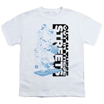 White youth t-shirt for ages 8 to 12 with Sesame Street Out In These Streets graphic