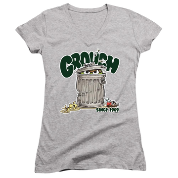 Athletic heather juniors v-neck t-shirt with Sesame Street Grouch graphic