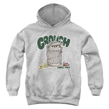 Athletic heather youth hoodie for ages 8 to 12 with Sesame Street Grouch graphic