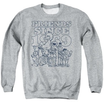 Athletic heather men's crewneck sweatshirt with Sesame Street Friends Since graphic
