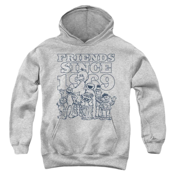 Athletic heather youth hoodie for ages 8 to 12 with Sesame Street Friends Since graphic