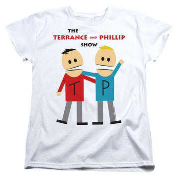 White women's t-shirt with South Park Terrance And Phillip graphic