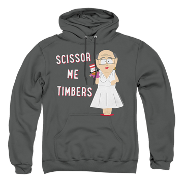 Charcoal pullover hoodie with South Park Scissor Me Timbers graphic