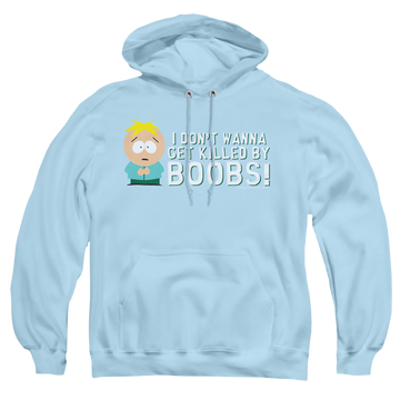 Light blue pullover hoodie with South Park Killed By Boobs graphic