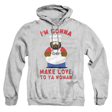 Athletic heather pullover hoodie with South Park Make Love graphic