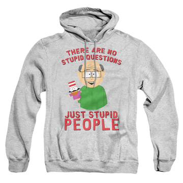 Athletic heather pullover hoodie with South Park No Stupid Questions graphic