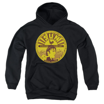 Black youth hoodie for ages 8 to 12 with Elvis Presley Elvis Full Sun Label graphic
