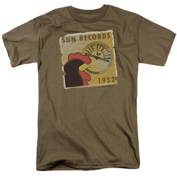 Safari green men's regular fit t-shirt with Sun Records Distrsd Rooster Poster 1952 graphic