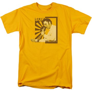 Gold men's regular fit t-shirt with Elvis Presley Sun Records Slvis On The Mic graphic