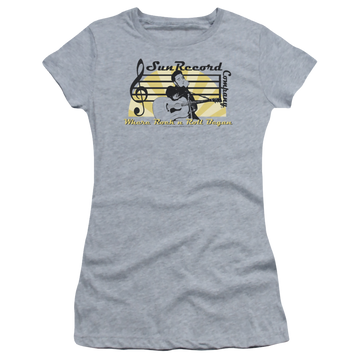 Athletic heather juniors t-shirt with Elvis Presley Sun Record Company graphic