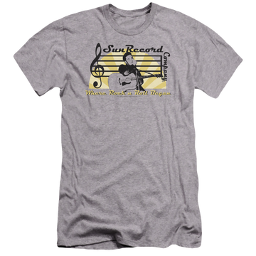 Athletic heather men's premium slim fit t-shirt with Elvis Presley Sun Record Company graphic