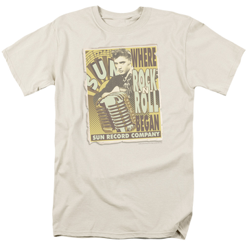 Cream men's regular fit t-shirt with Elvis Presley Rock N Roll Began Poster graphic