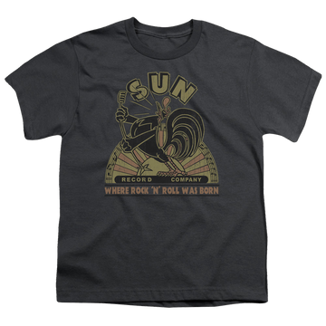 Charcoal youth t-shirt for ages 8 to 12 with Sun Records Sun Rooster graphic