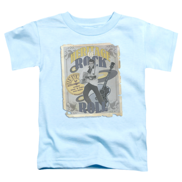 Light blue kid's t-shirt for ages 4 to 7 with Elvis Presley Heritage Of Rock Poster graphic