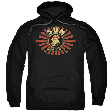 Black pullover hoodie with Sun Records Sun Ray Rooster graphic