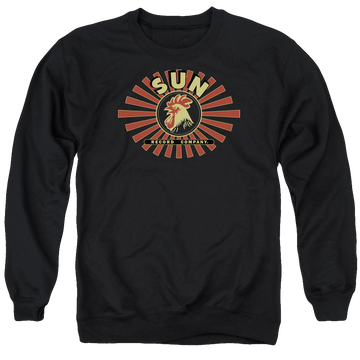Black men's crewneck sweatshirt with Sun Records Sun Ray Rooster graphic