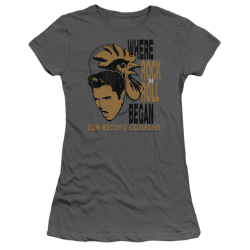 Charcoal juniors t-shirt with Elvis Presley Elvis And Rooster graphic