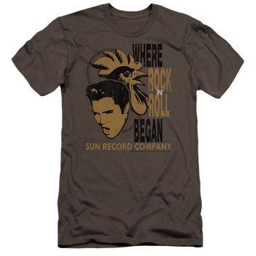 Charcoal men's premium slim fit t-shirt with Elvis Presley Elvis And Rooster graphic