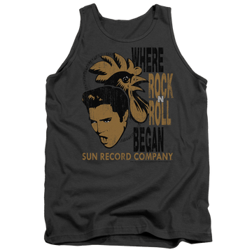 Charcoal men's tank with Elvis Presley Elvis And Rooster graphic