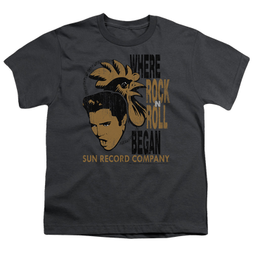 Charcoal youth t-shirt for ages 8 to 12 with Elvis Presley Elvis And Rooster graphic