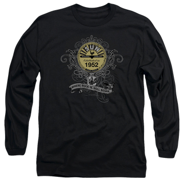 Black men's long sleeve t-shirt with Sun Records Rockin Scrolls graphic