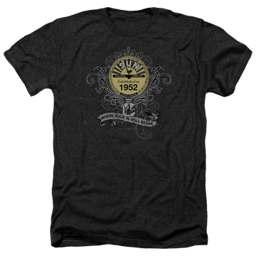 Charcoal men's heather t-shirt with Sun Records Rockin Scrolls graphic