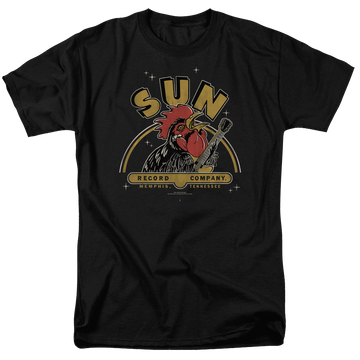 Black men's regular fit t-shirt with Sun Records Rocking Rooster graphic