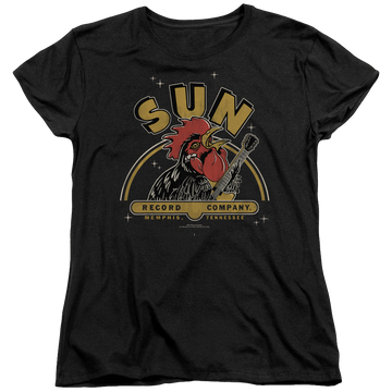 Black women's t-shirt with Sun Records Rocking Rooster graphic