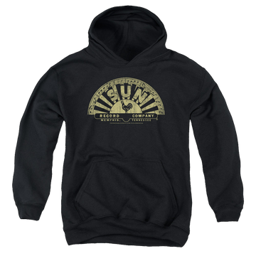 Black youth hoodie for ages 8 to 12 with Sun Records Tattered Logo graphic