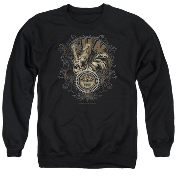 Black men's crewneck sweatshirt with Sun Records Scroll Around Rooster graphic